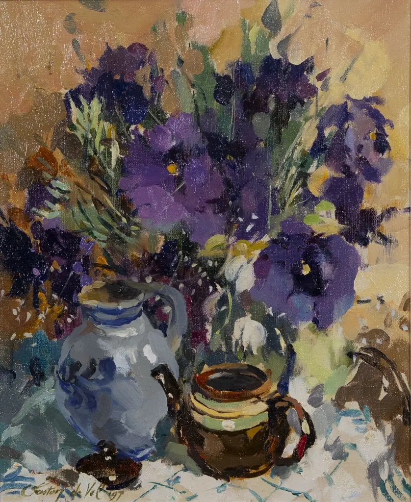 Gaston De Vel (1924 - 2010) - Lisianthus & Teapot Image 1++