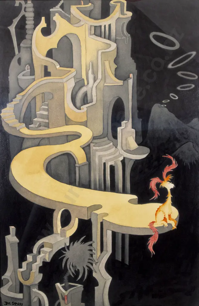 After Theodor Seuss Geisel (American 1904 - 1991) - Pink-Tufted Small Beast in a Night Landscape Image 1++