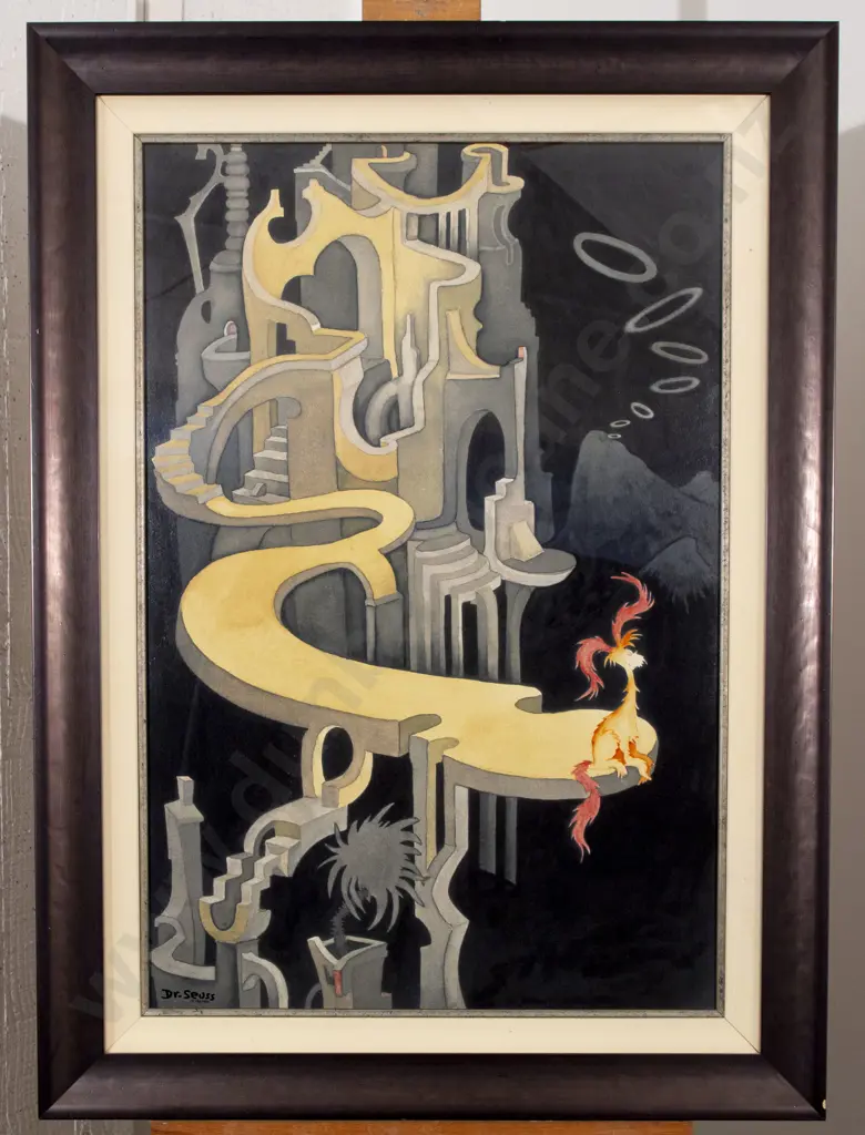 After Theodor Seuss Geisel (American 1904 - 1991) - Pink-Tufted Small Beast in a Night Landscape Image 1++