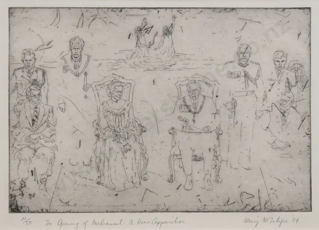 Mary McIntyre (b 1928) - The Opening of Parliament: A Kiwi Apparition Image 1++