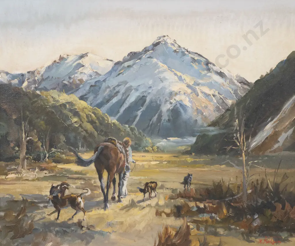D R Neilson (1924 - 2013) - Snowcap Mountain with Horse & Rider Image 1++