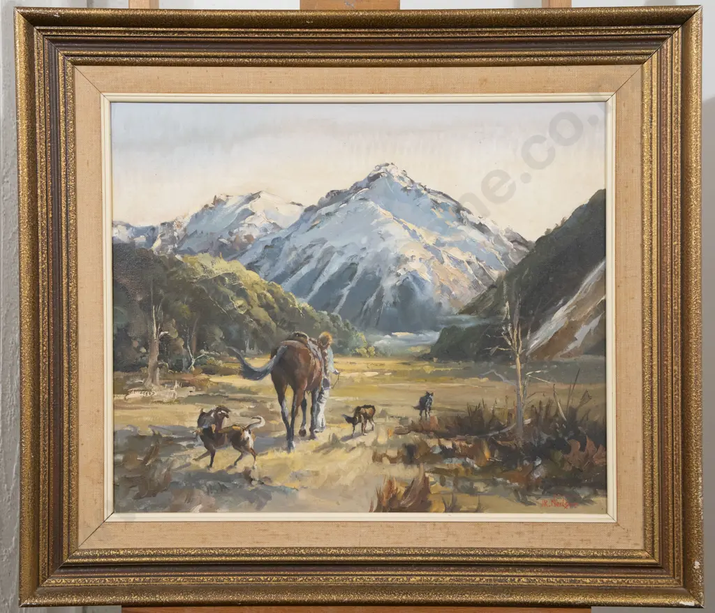 D R Neilson (1924 - 2013) - Snowcap Mountain with Horse & Rider Image 1++