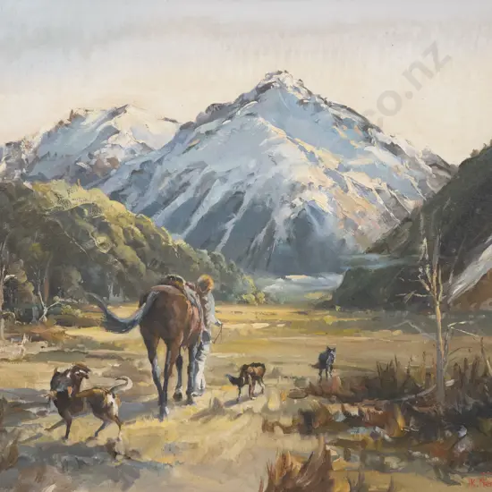 D R Neilson (1924 - 2013) - Snowcap Mountain with Horse & Rider