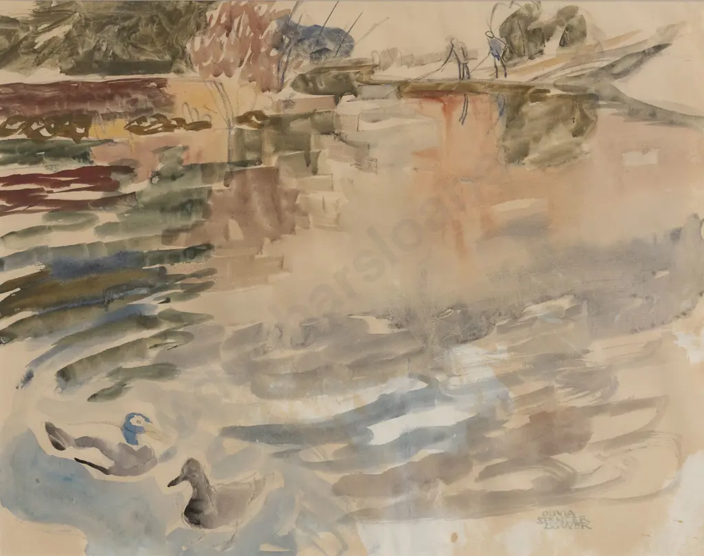 Olivia Spencer Bower (1905 - 1982) - Lake Scene with Ducks Image 1++