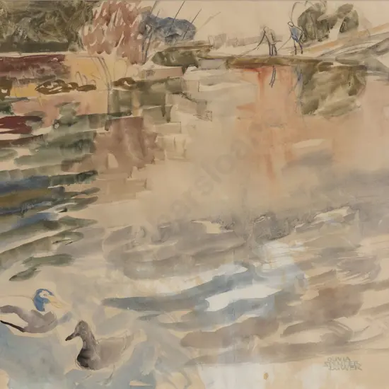 Olivia Spencer Bower (1905 - 1982) - Lake Scene with Ducks