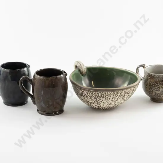 Royce McGlashen Handled Bowl & Three NZ Pottery Pieces