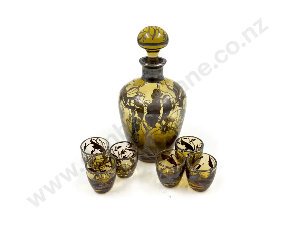 Silver Overlay Liqueur Decanter & Six Glasses Image 1++