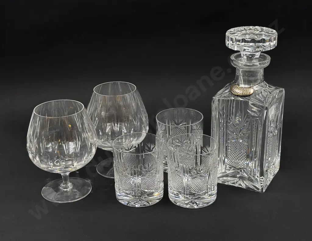 Crystal Whisky Decanter with S/S Label & Three Matching Tumblers & Two Stuart Crystal Brandy Balloons Image 1++