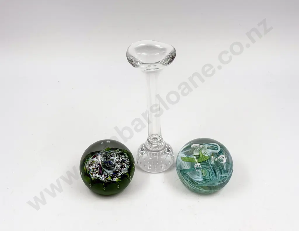 Two Art Glass Paperweights together with Specimen Vase Image 1++