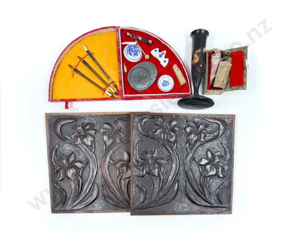 Two Relief Panels together with Calligraphy Set & Hardstone Seals Image 1++