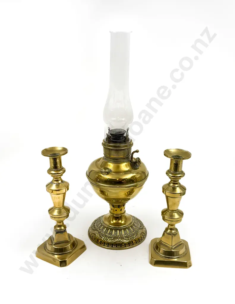 Pair of Brass Candlesticks together with Brass Kerosene Lamp Image 1++