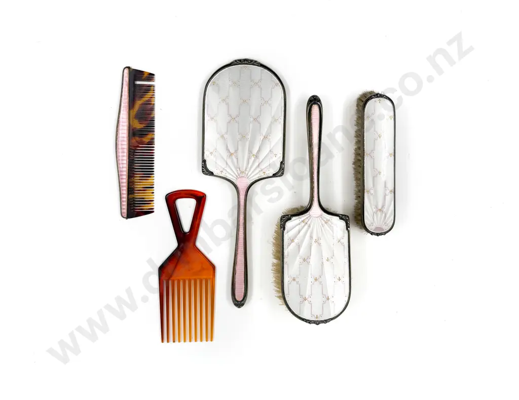 Three Piece S/S Enamelled Dressing Table Set together with Two Tortoiseshell Brushes Image 1++