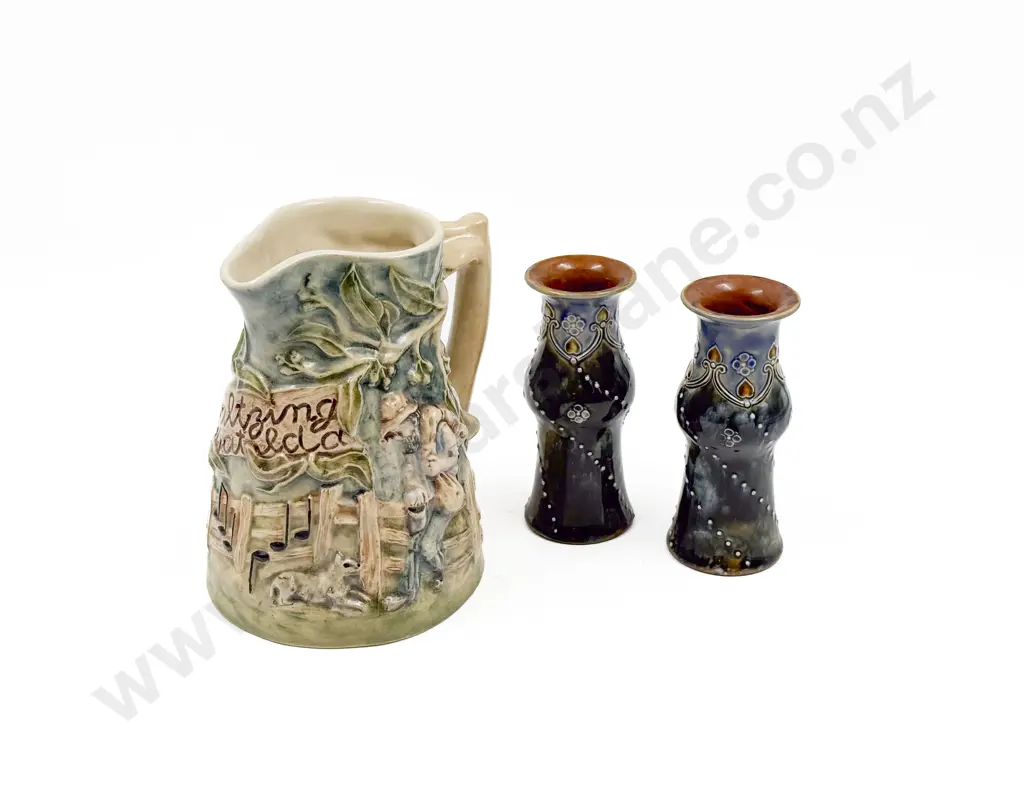 Pair Small Doulton Art Nouveau Stoneware Vases together with Relief Moulded Australian Jug Image 1++