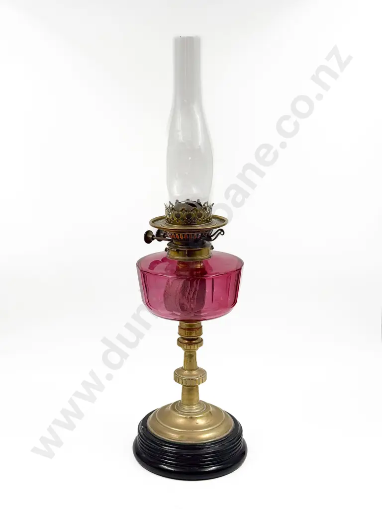 Brass & Cranberry Glass Kerosene Lamp Image 1++