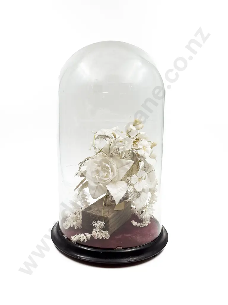 Vintage Glass Dome & Stand with Decorative Floral Arrangement Image 1++