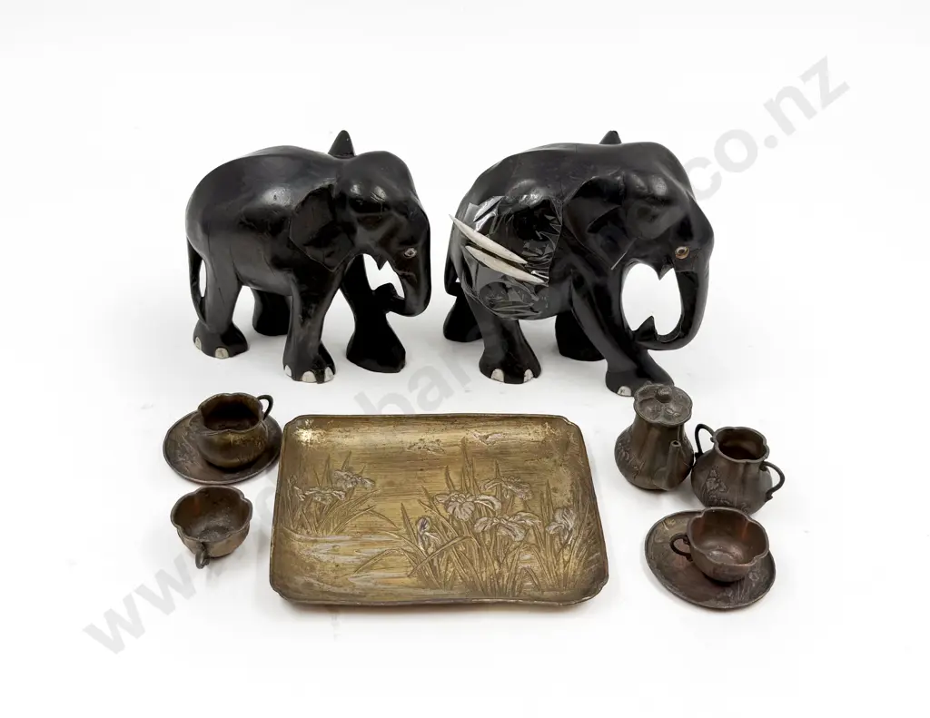 Two Ebonised Elephants & Small Art Nouveau Miniature Teaset Image 1++
