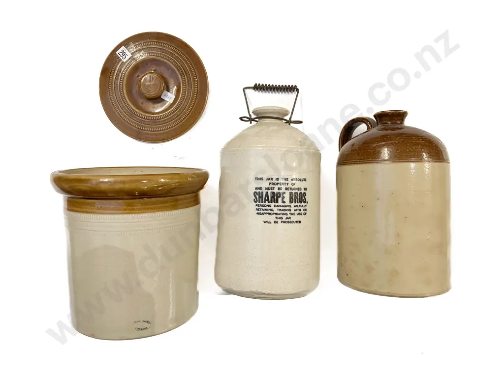 Lidded Stoneware Crock & Two Stoneware Bottles Image 1++