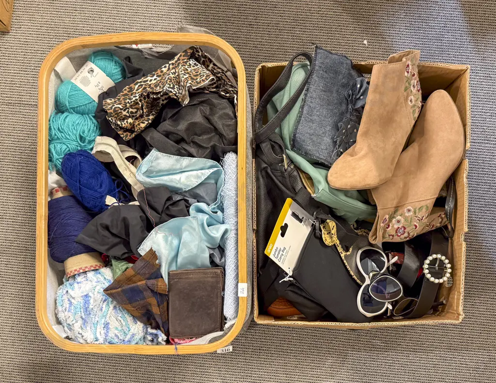 Boxes of Assorted Material ladies shoes bags fashion accessories Wool etc Image 1++