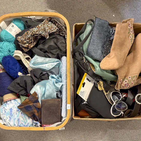 Boxes of Assorted Material ladies shoes bags fashion accessories Wool etc