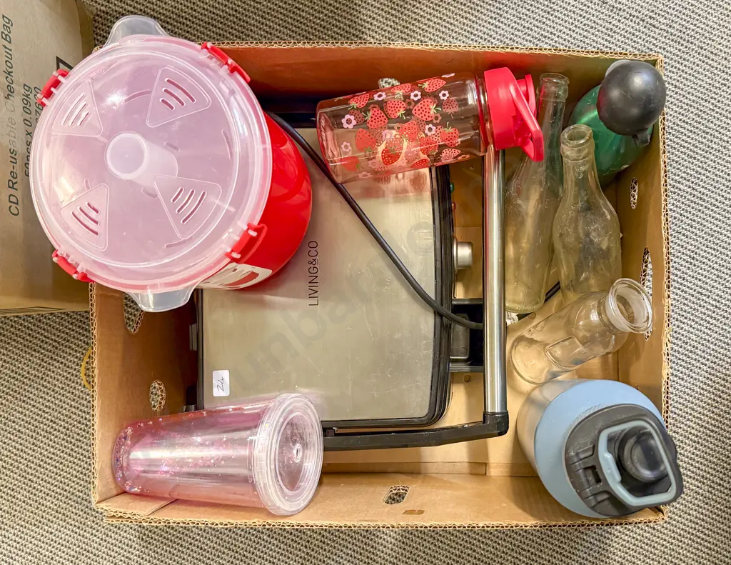 Box of Assorted vintage glass bottles, Sandwich Press, kitchen items ect Image 1++