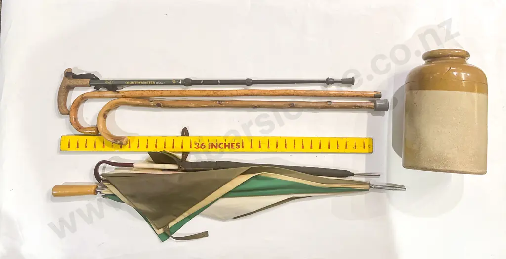 Quantity of Assorted Umbrellas Walking Sticks & Vintage Rules in Stoneware Crock Image 1++