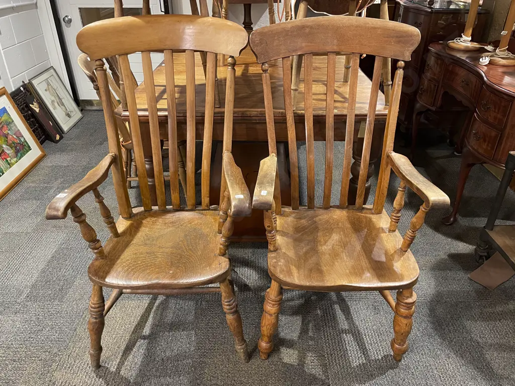 Set of Eight Country Kitchen Elm Slat Back Chairs Image 1++