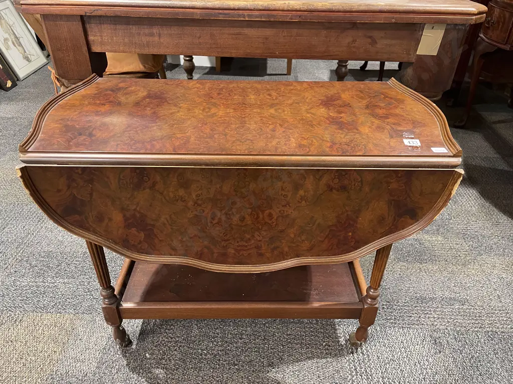Reproduction Burr Walnut Dropside Tea Trolley Image 1++