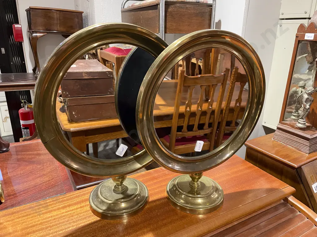 Pair of Brass Circular Dressing Mirrors on Stands Image 1++