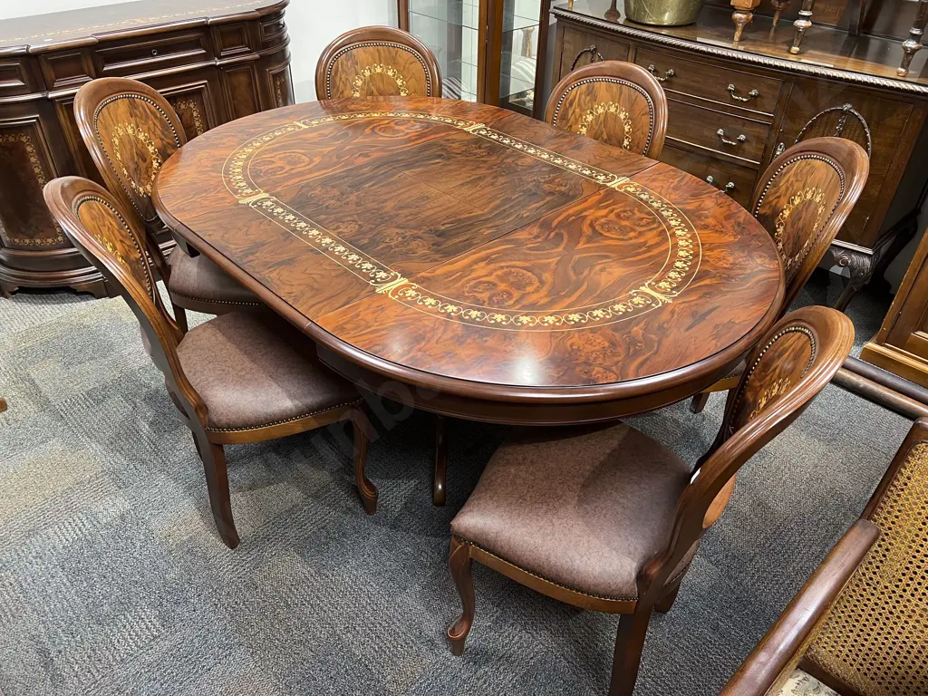 Reproduction Italian Style Inlaid Extn Dining Table & Chairs Image 1++