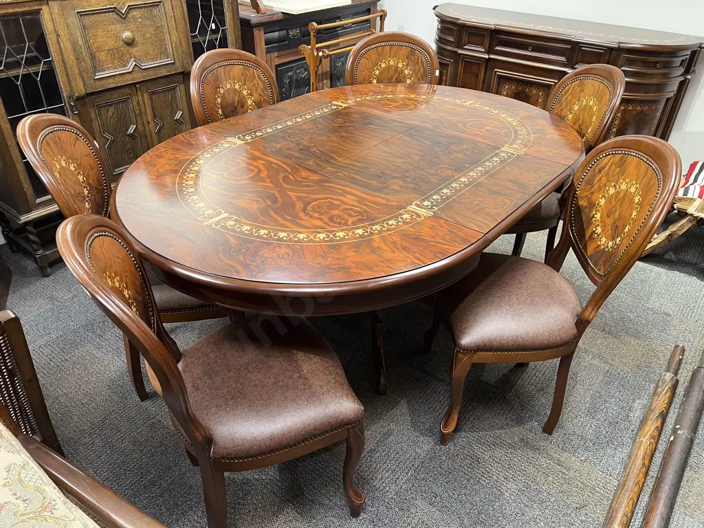 Reproduction Italian Style Inlaid Extn Dining Table & Chairs Image 1++
