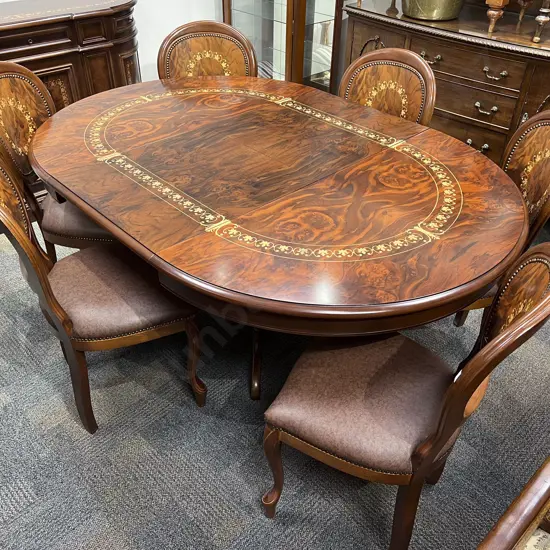 Reproduction Italian Style Inlaid Extn Dining Table & Chairs