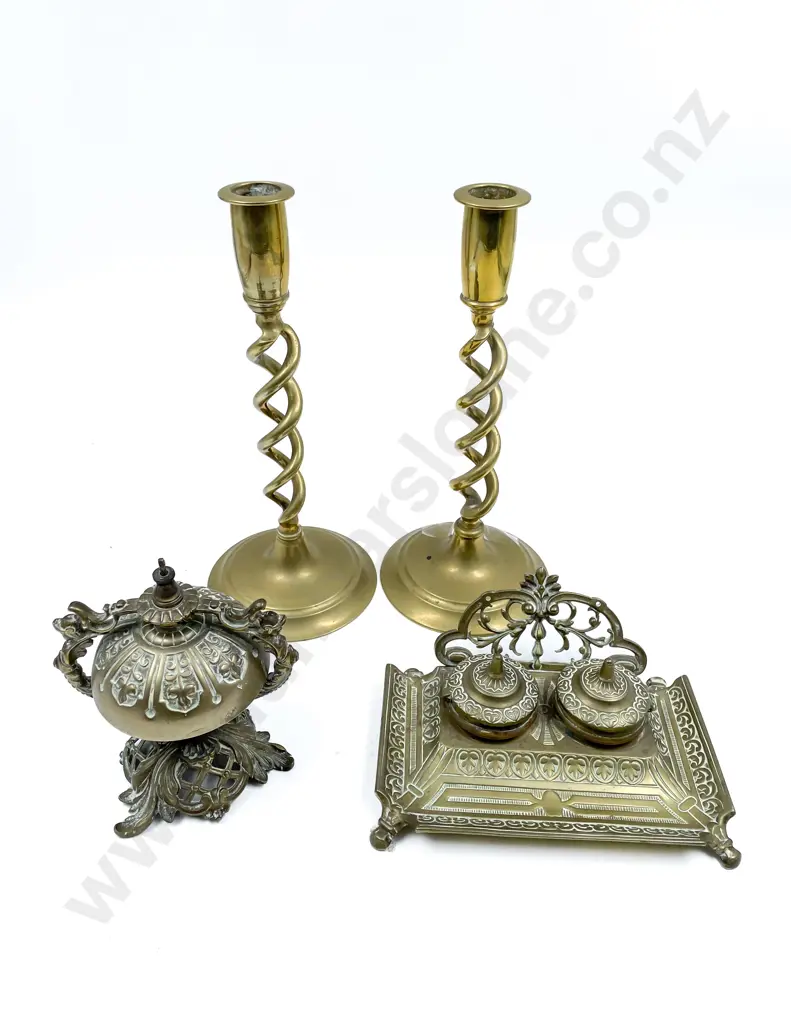 Brass Dual Inkwell with Pair of Candlesticks & Bell Image 1++