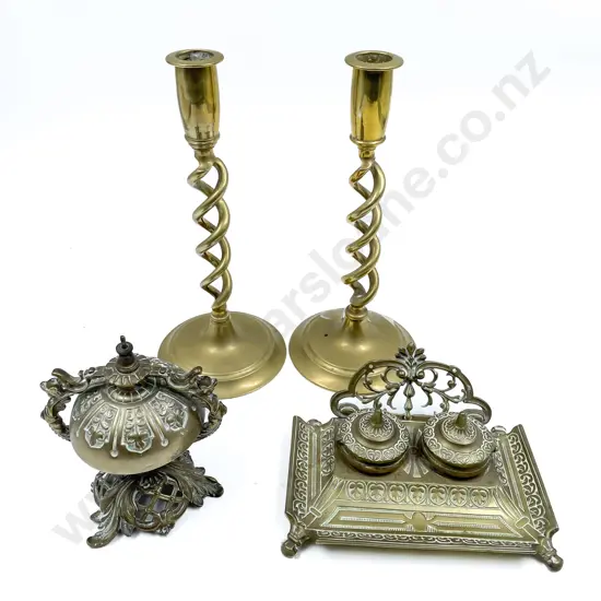 Brass Dual Inkwell with Pair of Candlesticks & Bell