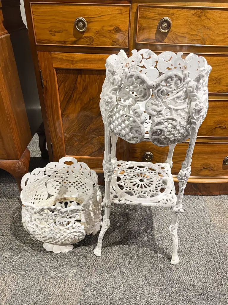 White Painted Wrought Metal Jardiniere Stand with Associated Planter Image 1++