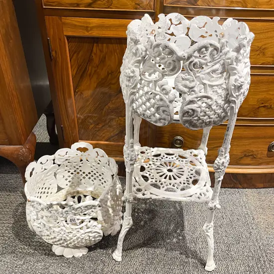 White Painted Wrought Metal Jardiniere Stand with Associated Planter