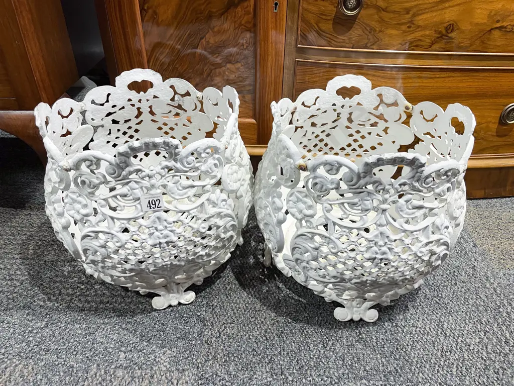 Pair of White Painted Wrought Metal Planters Image 1++