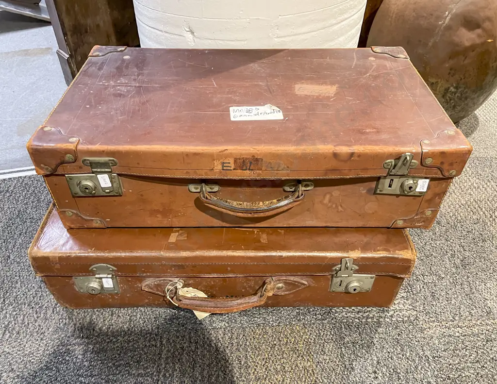 Two Vintage Leather Suitcases Image 1++