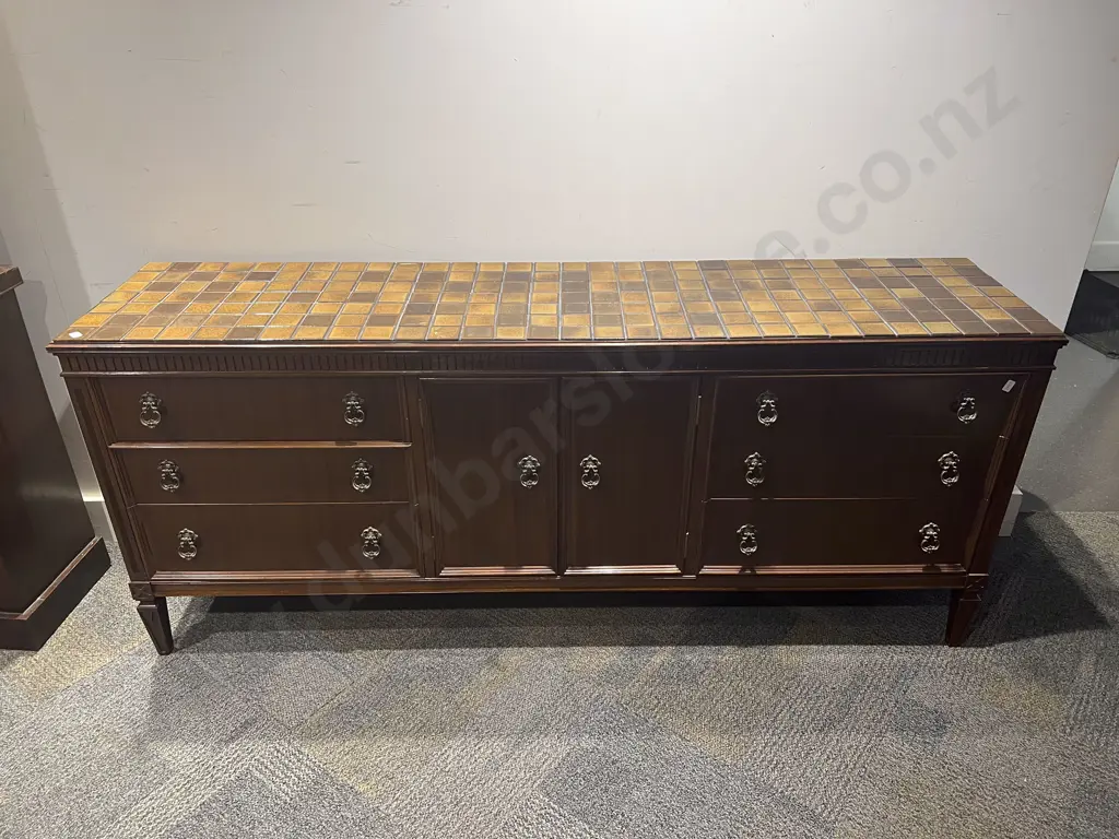 Mahogany Tile Top Sideboard with Associated Tile Top Chest of Drawers Image 1++