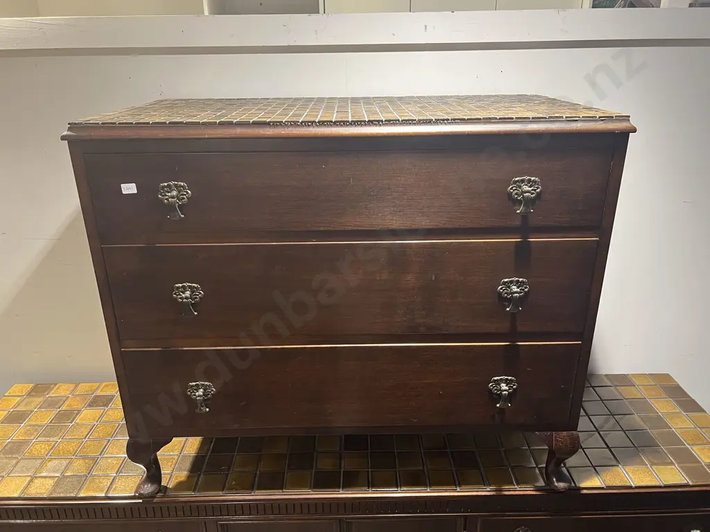 Mahogany Tile Top Sideboard with Associated Tile Top Chest of Drawers Image 1++