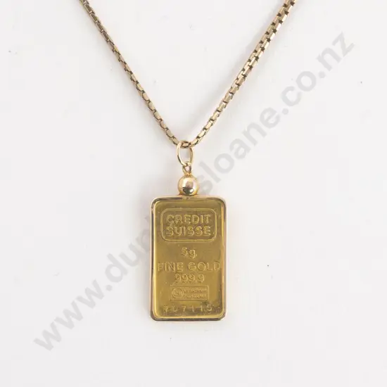 18ct Modern Box Link Neck Chain with 5gm Fine Gold Bar Pendant