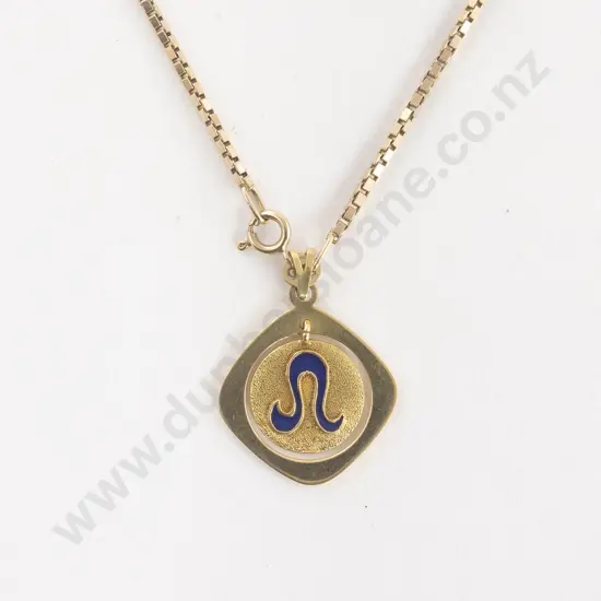 18ct Leo Zodiac Pendant on a 9ct Modern Box Link Neck Chain