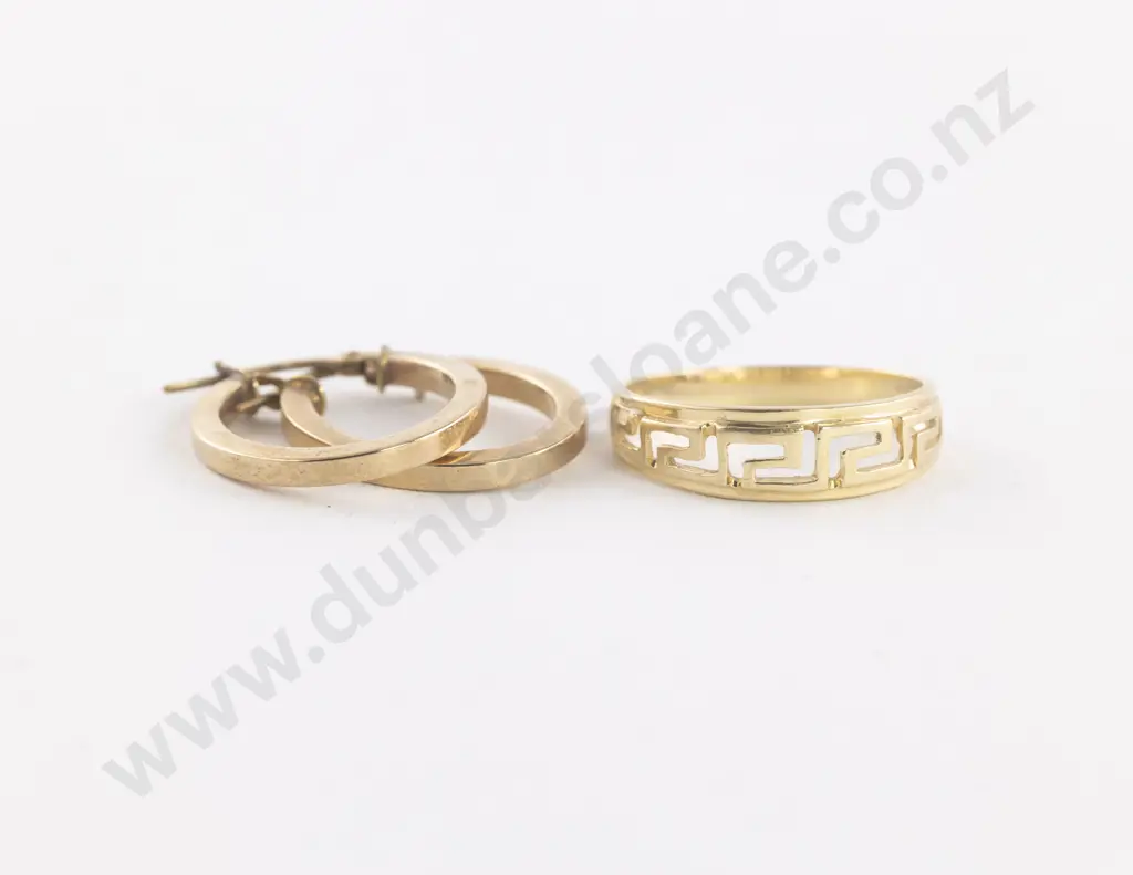 14ct Fancy Band Ring together with Pair 9ct Hoop Earrings Image 1++