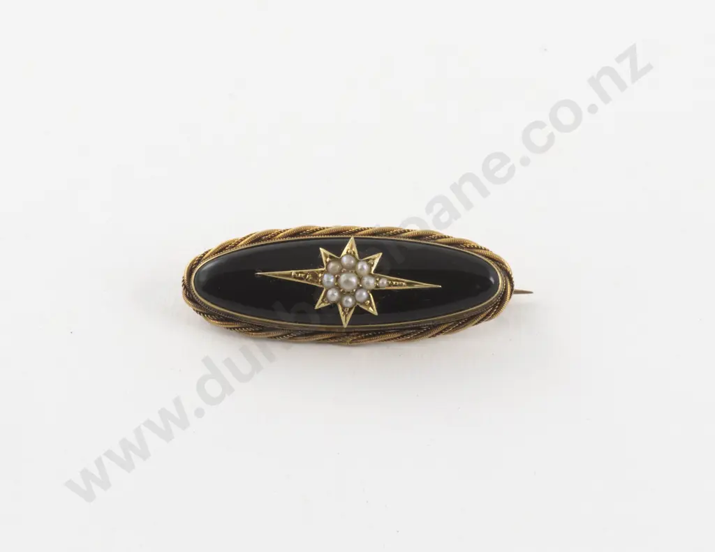 Victorian Gold French Jet and Pearl Brooch Image 1++