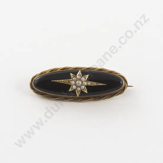 Victorian Gold French Jet and Pearl Brooch