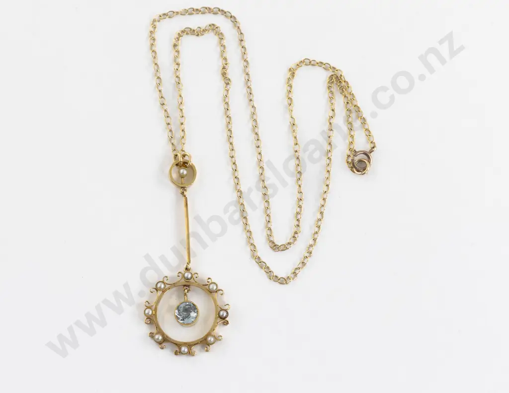 Edwardian 15ct Aquamarine and Seed Pearl Pendant Image 1++