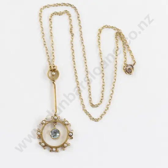 Edwardian 15ct Aquamarine and Seed Pearl Pendant