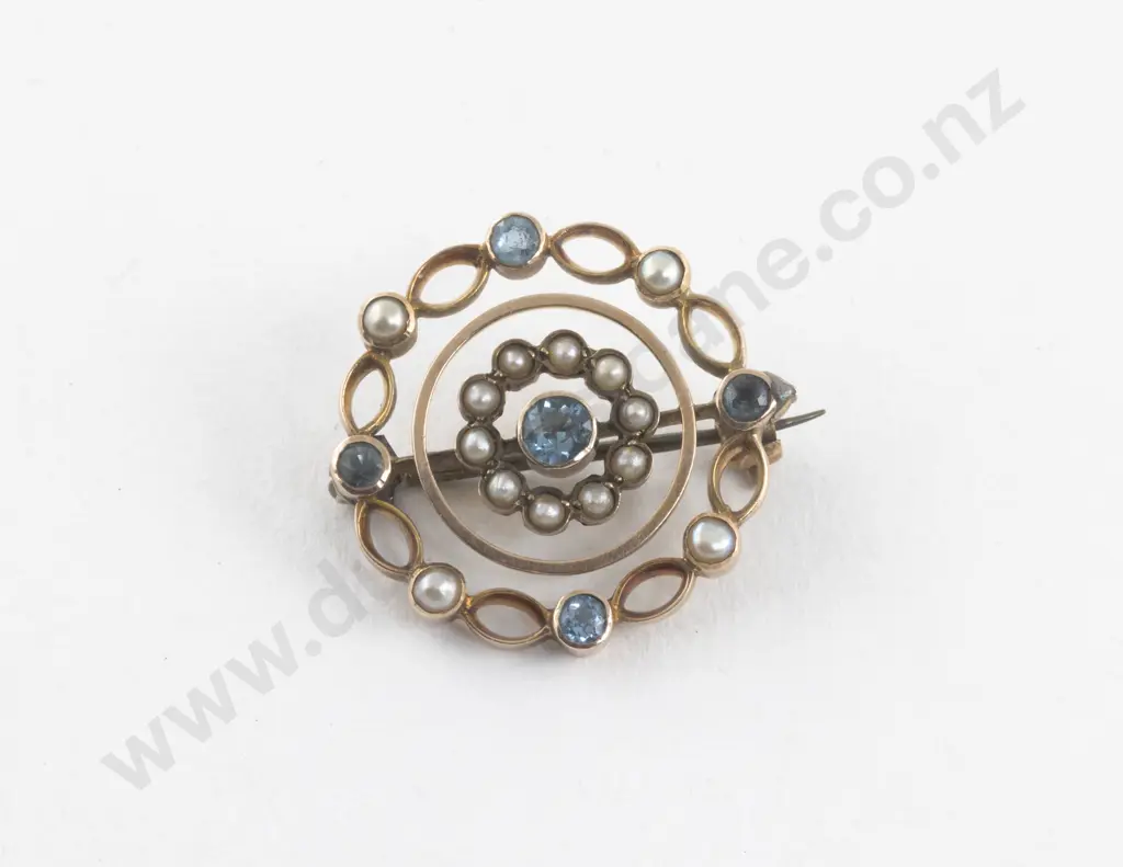 Edwardian 9ct Rose Gold Aquamarine and Seed Pearl Brooch Image 1++