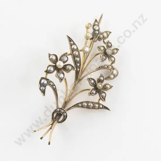 Edwardian 9ct Seed Pearl Floral Spray Brooch