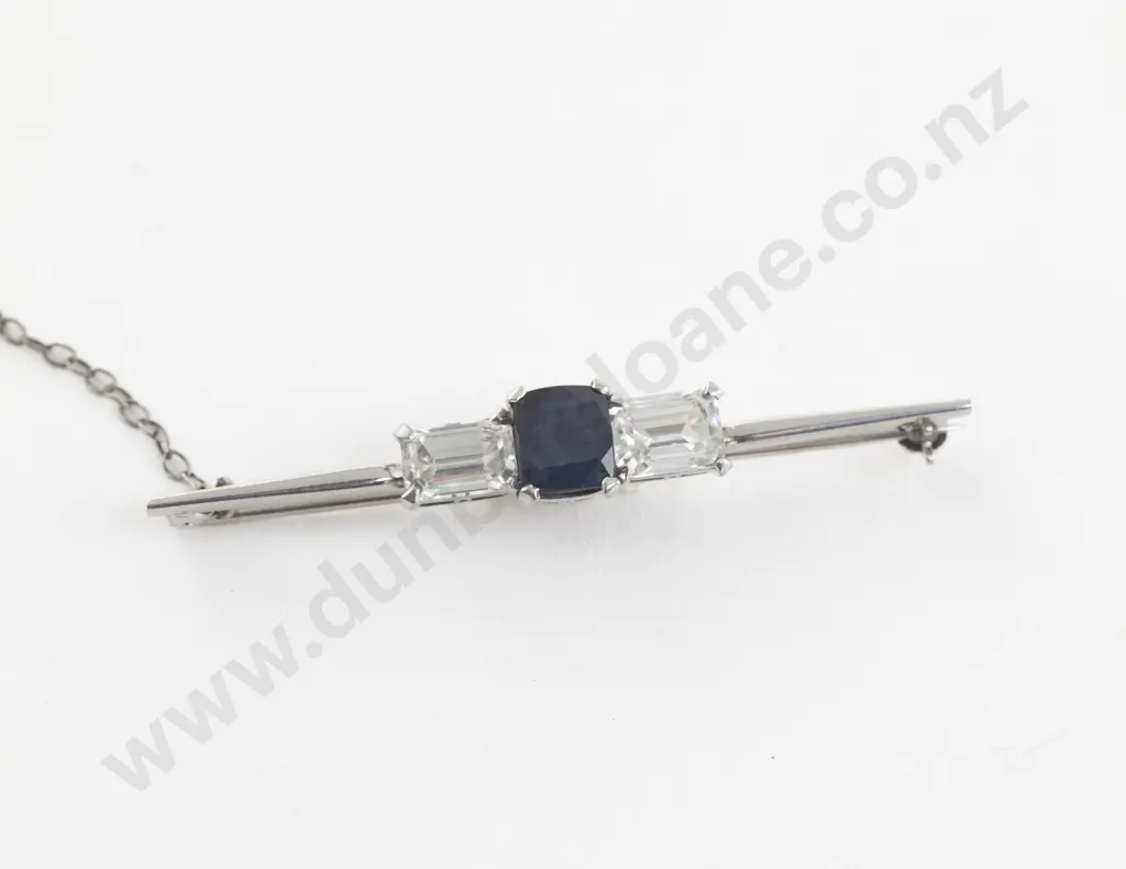 18ct White Gold and Platinum Three Stone Sapphire Bar Brooch Image 1++