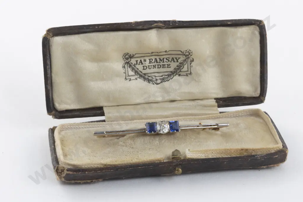 Art Deco 18ct and Platinum Three Stone Sapphire and Diamond Bar Brooch Image 1++